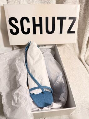 SCHUTZ Sky Blue Patent Slide Sandal